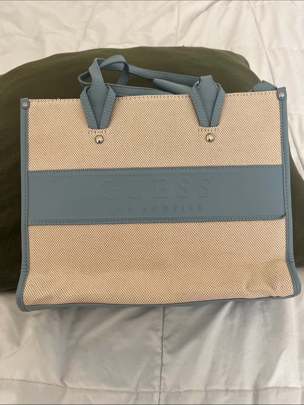 GUESS Beige Canvas Tote with Light Blue Trim and Logo Panel
